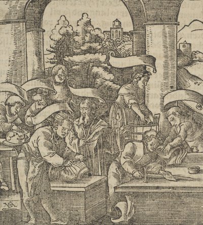 Het maken van harnassen, uit Hymmelwagen auff dem, wer wol leeft door Hans Schäufelein the Elder