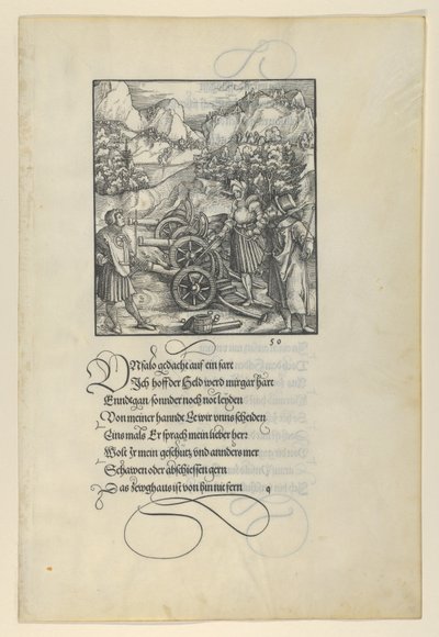 Unfalo in gevaar brengend Theuerdanck, veroorzakend de explosie van drie kanonnen, uit Theuerdan... door Hans Schäufelein the Elder