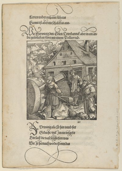 Aangespoord door Fürwittig, probeert Theuerdanck een polijststeen te manipuleren, uit Theuerdanck, 1517 door Hans Schäufelein the Elder