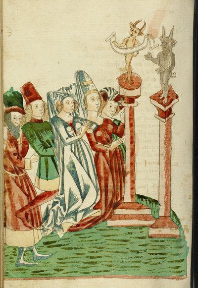 Een groep mannen en vrouwen aanbidt twee afgoden, 1469 door Hans Schilling