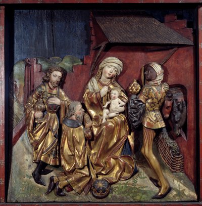 Aanbidding der Wijzen. Reliëf op gepolychromeerd verguld hout door Hans Schuechlin (1440-1505) door Hans Schüchlin