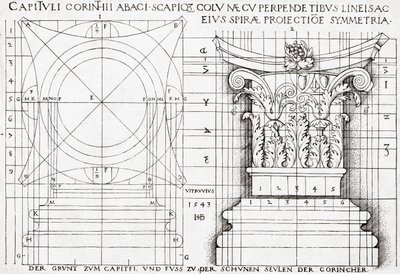 Doorsnede van Korinthisch kapiteel en proportionele tekening door Hans Sebald Beham