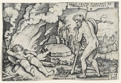 De Dood van Hercules, 1548 (gravure op geschept papier gemonteerd op pulpboard) door Hans Sebald Beham
