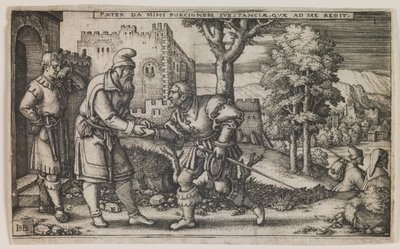 Vertrek van de verloren zoon, uit de serie "De geschiedenis van de verloren zoon". door Hans Sebald Beham