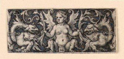 Fries met gevleugelde vrouwelijke figuur en twee groteske hanen door Hans Sebald Beham