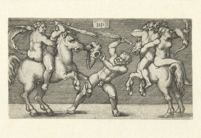 Gevecht tussen twee mannen met vrouwen te paard en een staande man door Hans Sebald Beham