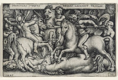 Hercules Vecht tegen de Trojanen, 1545 (gravure op geschept papier) door Hans Sebald Beham