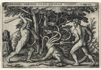 Hercules Doodt de Hydra, 1545 (gravure op geschept papier) door Hans Sebald Beham
