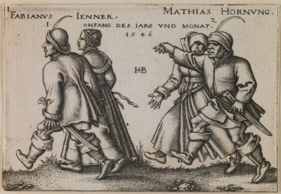 "Januari en februari" uit de serie "Het boerenfeest of de twaalf maanden". door Hans Sebald Beham