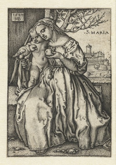 Maria met kind en papegaai en peer door Hans Sebald Beham