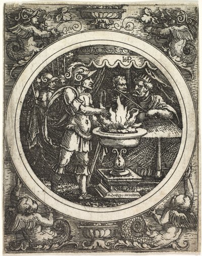 Mucius Scaevola houdt zijn hand in het vuur door Hans Sebald Beham