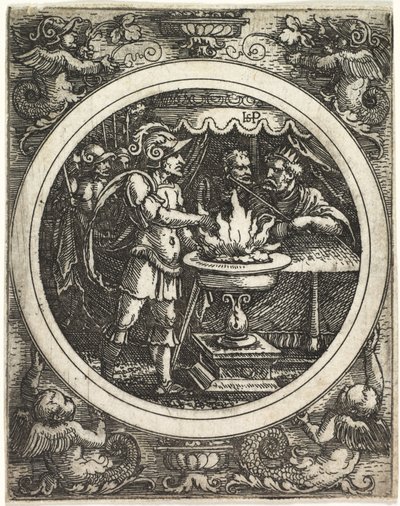 Mucius Scaevola houdt zijn hand in het vuur, ca. 1520 door Hans Sebald Beham
