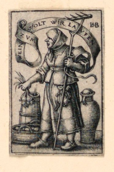 Boerin op de Markt: Zum Wein wolt wir Laufen (Naar de Wijn zullen we Rennen) door Hans Sebald Beham