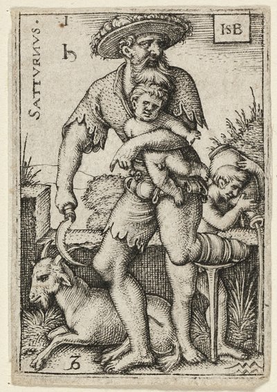 Saturnus, plaat één uit De zeven planeten met de dierenriemen door Hans Sebald Beham