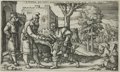 Het vertrek van de verloren zoon, plaat één uit De geschiedenis van de verloren zoon door Hans Sebald Beham