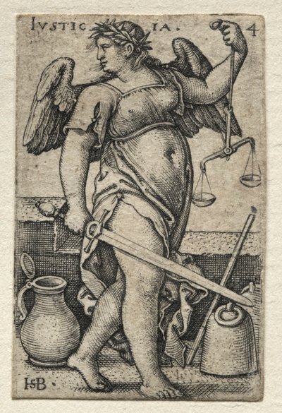 De kennis van God en de zeven kardinale deugden: Rechtvaardigheid - Justicia door Hans Sebald Beham