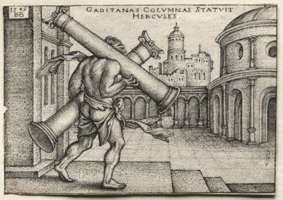 De werken van Hercules: Hercules draagt de zuilen van Gades door Hans Sebald Beham