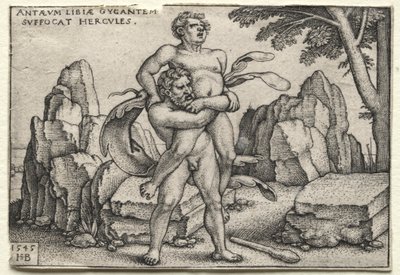 De werken van Hercules: Hercules verplettert Antaeus door Hans Sebald Beham