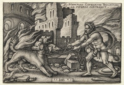De werken van Hercules: Hercules sleept Cerberus uit de onderwereld door Hans Sebald Beham