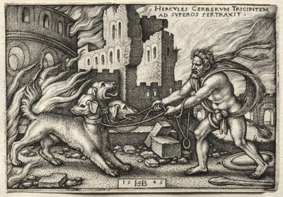 De werken van Hercules: Hercules sleept Cerberus uit de Onderwereld door Hans Sebald Beham