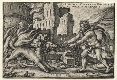De werken van Hercules: Hercules sleept Cerberus uit de onderwereld, 1545 door Hans Sebald Beham