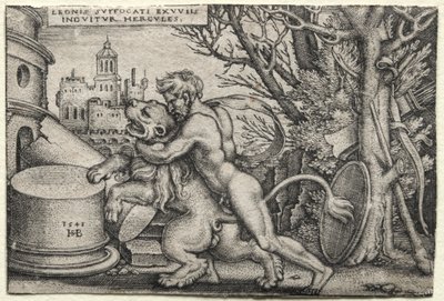De werken van Hercules: Hercules wurgt de Nemeïsche leeuw door Hans Sebald Beham