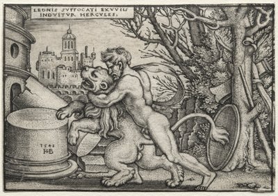 De werken van Hercules: Hercules wurgt de Nemeïsche leeuw door Hans Sebald Beham