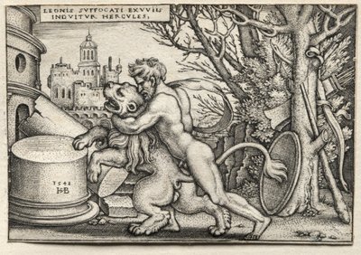 De Werken van Hercules: Hercules Wurgt de Nemeïsche Leeuw door Hans Sebald Beham