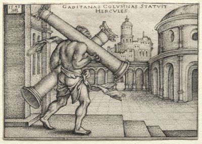 De werken van Hercules: Hercules en de zuilen van Gades door Hans Sebald Beham