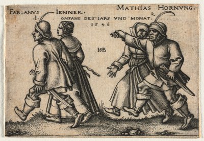 De Boerenbruiloft of de Twaalf Maanden: 1-Fabianus Jenner 2-Mathias Hornung door Hans Sebald Beham