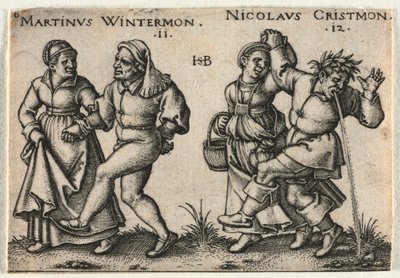De Boerenbruiloft of de Twaalf Maanden: 11-Martinus Wintermon 12-Nicolaus Cristmon door Hans Sebald Beham
