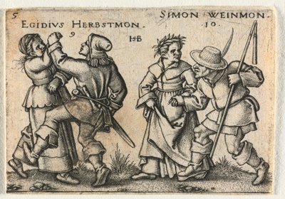 De Boerenbruiloft of de Twaalf Maanden: 9-Egidius Herbstmon 10-Simon Weinmon door Hans Sebald Beham