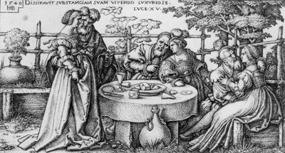 De verloren zoon verspilt zijn fortuin, uit de serie "De geschiedenis van de verloren zoon". door Hans Sebald Beham