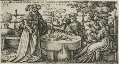 De verloren zoon verkwist zijn fortuin, plaat twee uit De geschiedenis van de verloren zoon door Hans Sebald Beham