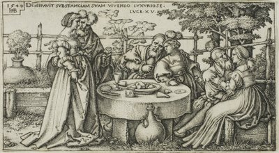 De verloren zoon die zijn fortuin verspilt, plaat twee uit De geschiedenis van de verloren zoon door Hans Sebald Beham
