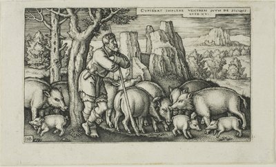 De verloren zoon met de zwijnen, plaat drie uit De geschiedenis van de verloren zoon door Hans Sebald Beham