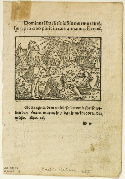 De regen van Manna uit Biblische Historien Künstlich fürgemalt, plaat vijf uit Houtsneden uit Boeken van de XVIe Eeuw door Hans Sebald Beham