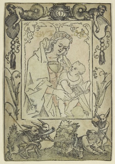 De Maagd en het Kind omringd door een rand met een jager en enkele konijnen (houtsnede, bewerkt in aquarel, gedrukt op perkament) door Hans Sebald Beham