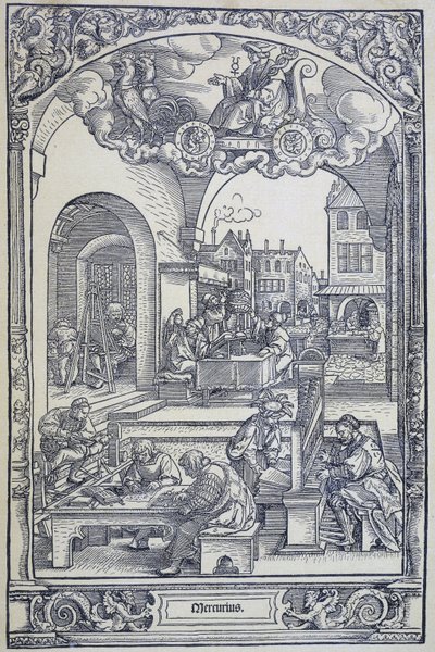 De planeet Mercurius en kunstenaars, geleerden en technici, ca. 1535 (gravure) door Hans Sebald Beham