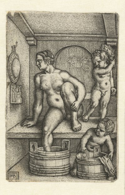 Vrouw met twee kinderen in badkamer door Hans Sebald Beham