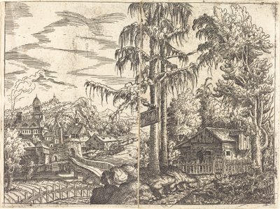 Landschap met Uitzicht op een Boerenhuisje en een Stad nabij een Rivier, 1551 door Hans Sebald Lautensack
