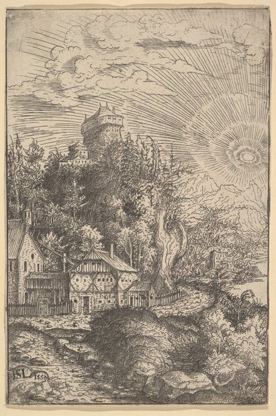 Landschap met een kasteel op een rots, 1553 door Hans Sebald Lautensack