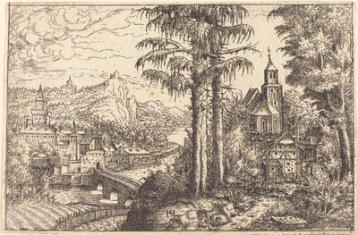 Uitzicht op een stad nabij een rivier met een kerk aan de rechterkant door Hans Sebald Lautensack