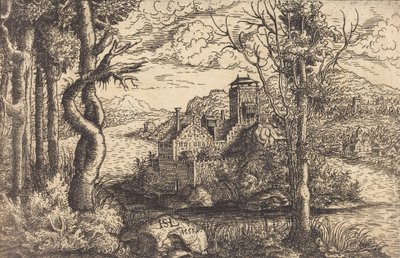 Uitzicht op een Rivier met een Kasteel op een Eiland door Hans Sebald Lautensack