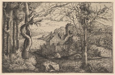 Uitzicht op een rivier, met een kasteel op een eiland, 1553 door Hans Sebald Lautensack
