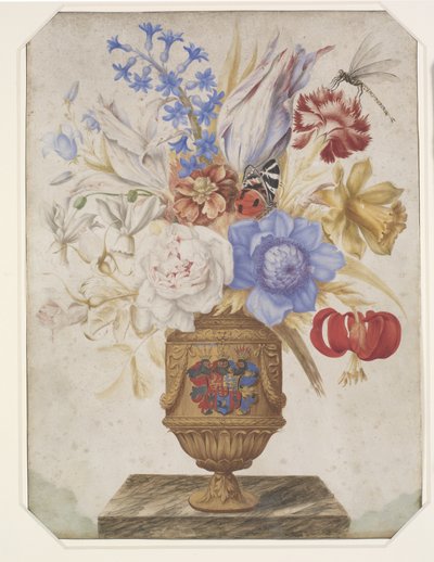 Bloemen in een vergulde vaas met het Holstein-Gottorpse wapen door Hans Simon Holtzbecker