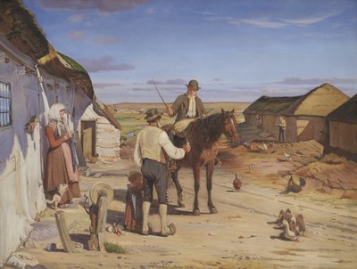 Een vreemdeling vraagt de weg bij een boerderij op de heide door Hans Smidth