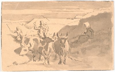 Een kudde ossen in een holle weg door Hans Smidth