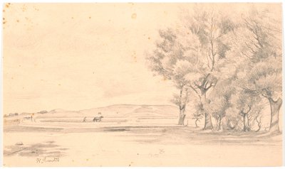 Landschap met ploegveld; rechts hoge bomen door Hans Smidth