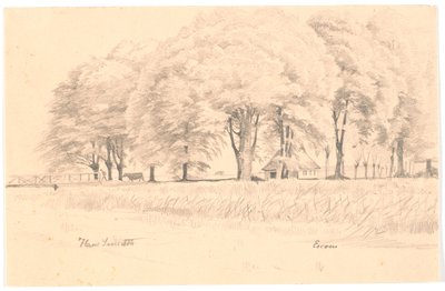 Landschap bij Esrom, op de voorgrond een beek met een brug, op de achtergrond hoge bomen en een huis door Hans Smidth